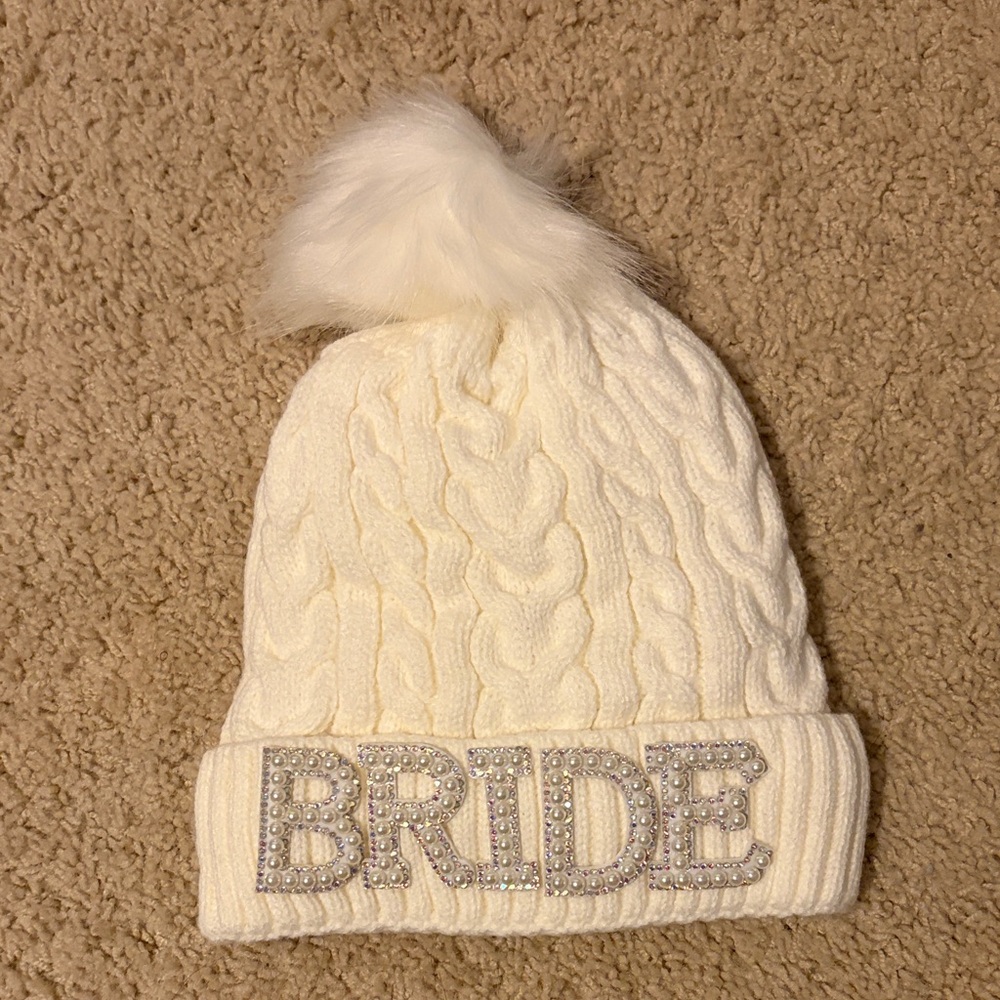 White Bride Knit Beanie with Pom Pom